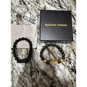 Two Buddha Power Black & Gold Beaded Bracelets